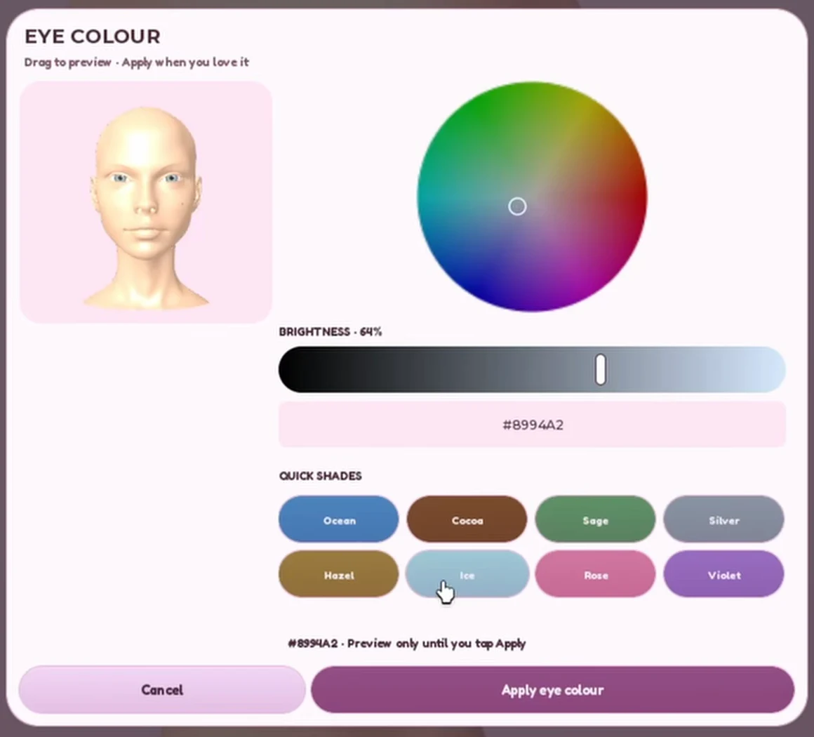 Eye Colour panel with a color wheel, Brightness, Quick Shades, Cancel and Apply eye colour
