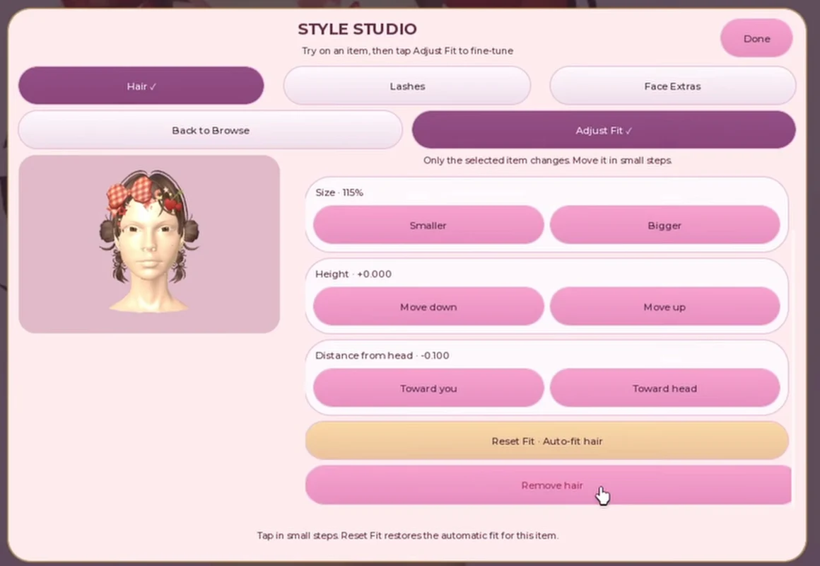 Hair Adjust Fit panel showing size, height, distance, Reset Fit Auto-fit hair and Remove hair