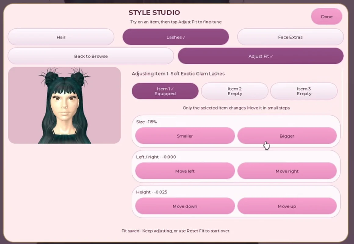 Lashes Adjust Fit with Item 1 Equipped selected and size, left right and height controls