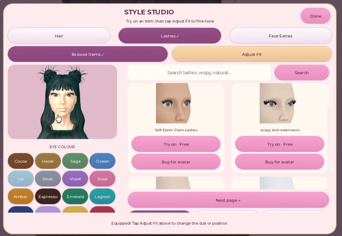 Style Studio with the Lashes tab, Browse Items, Adjust Fit, search and Try on Free controls